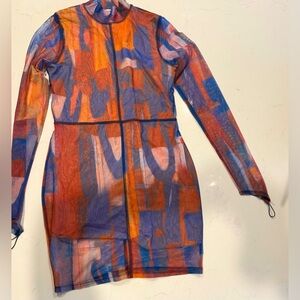 Fashion Nova Vibrant Long Sleeve Dress - Orange and Blue